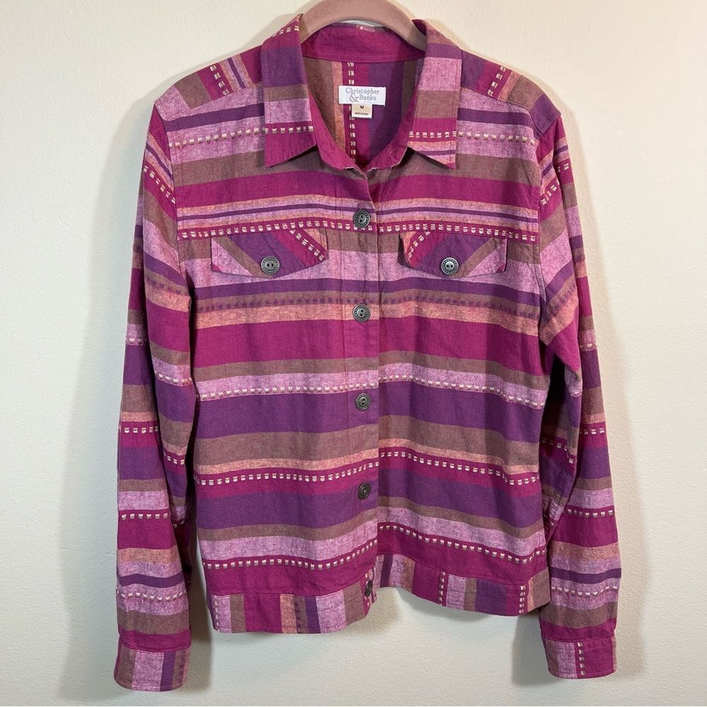 Christopher & Banks Pink Striped Western Button Down Shirt Linen Blend Medium‎